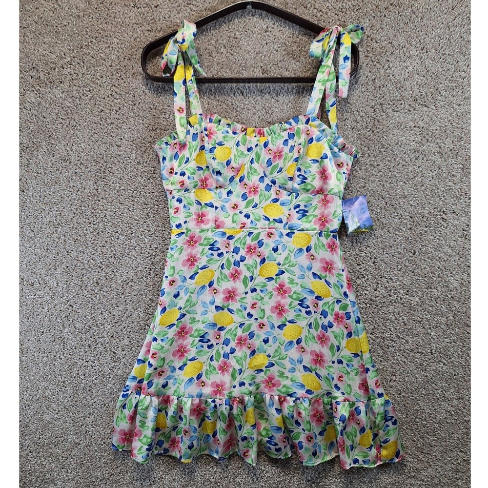 Morgan & Co Dress Womens XS Multicolor Lemon Floral Tie Shoulder Ruffle Mini New